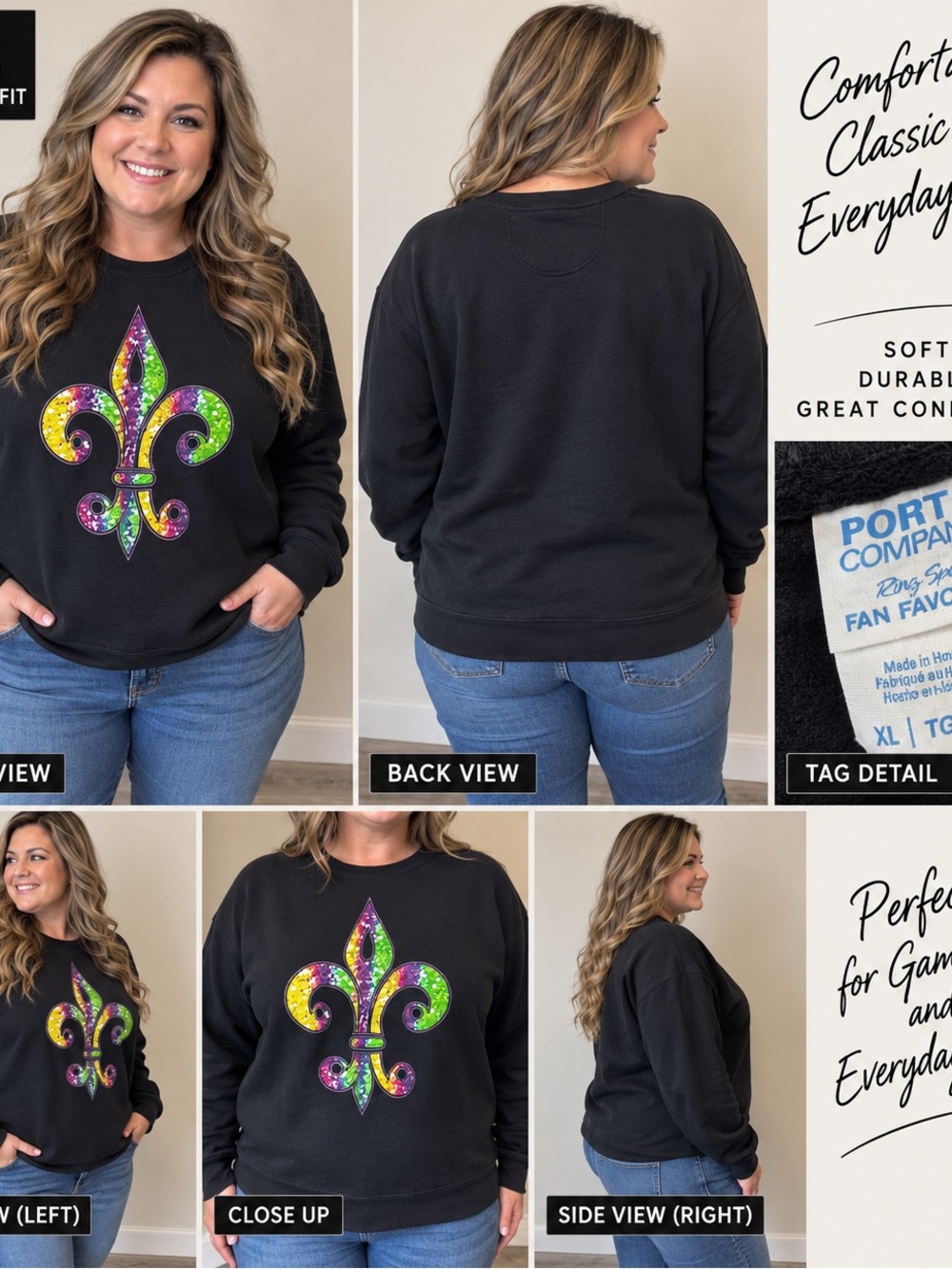 Port and Company Black Crewneck with Multicolor Fleur-de-Lis
